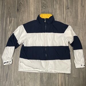 VINTAGE Tommy Hilfiger Jacket Adult Large White Blue With Roll Up Hoodie‎ #Shlv
